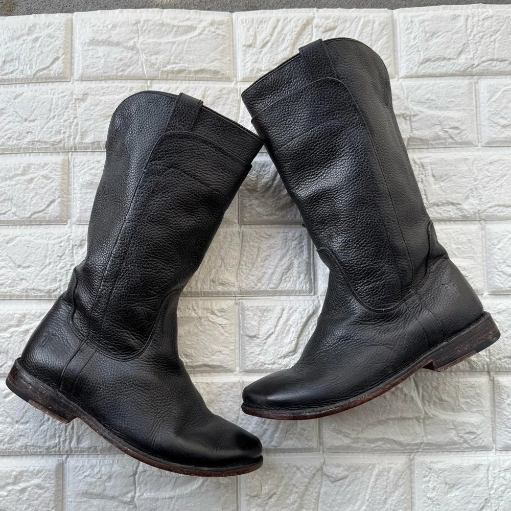 Frye Paige Boots Tall Girl Size 14 Black Leather Slip On Cowboy Western Boho
